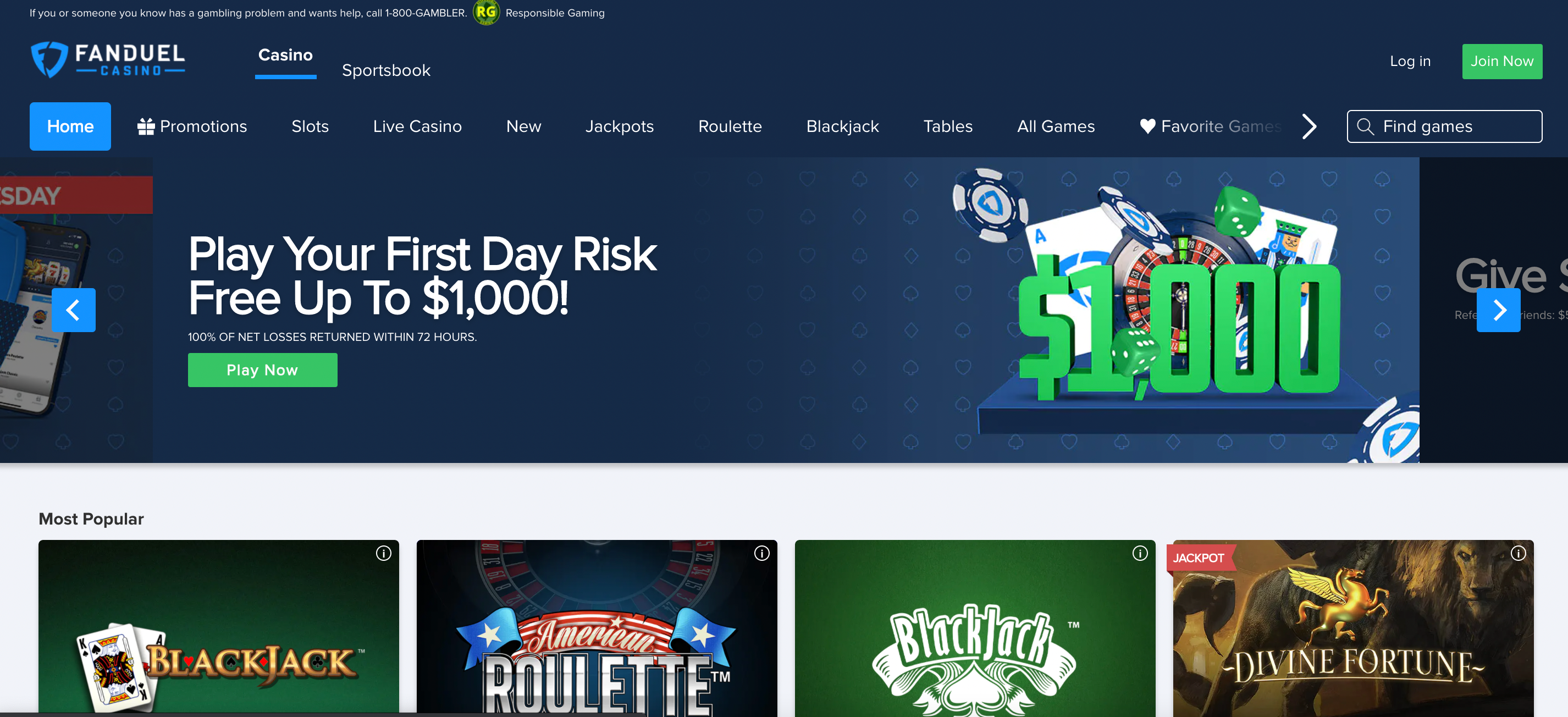 FanDuel Casino's Website Homepage